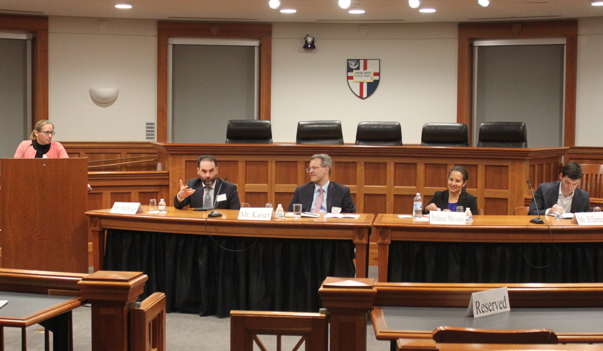 Law symposium panel in the Walter A. Slowinski Courtroom
