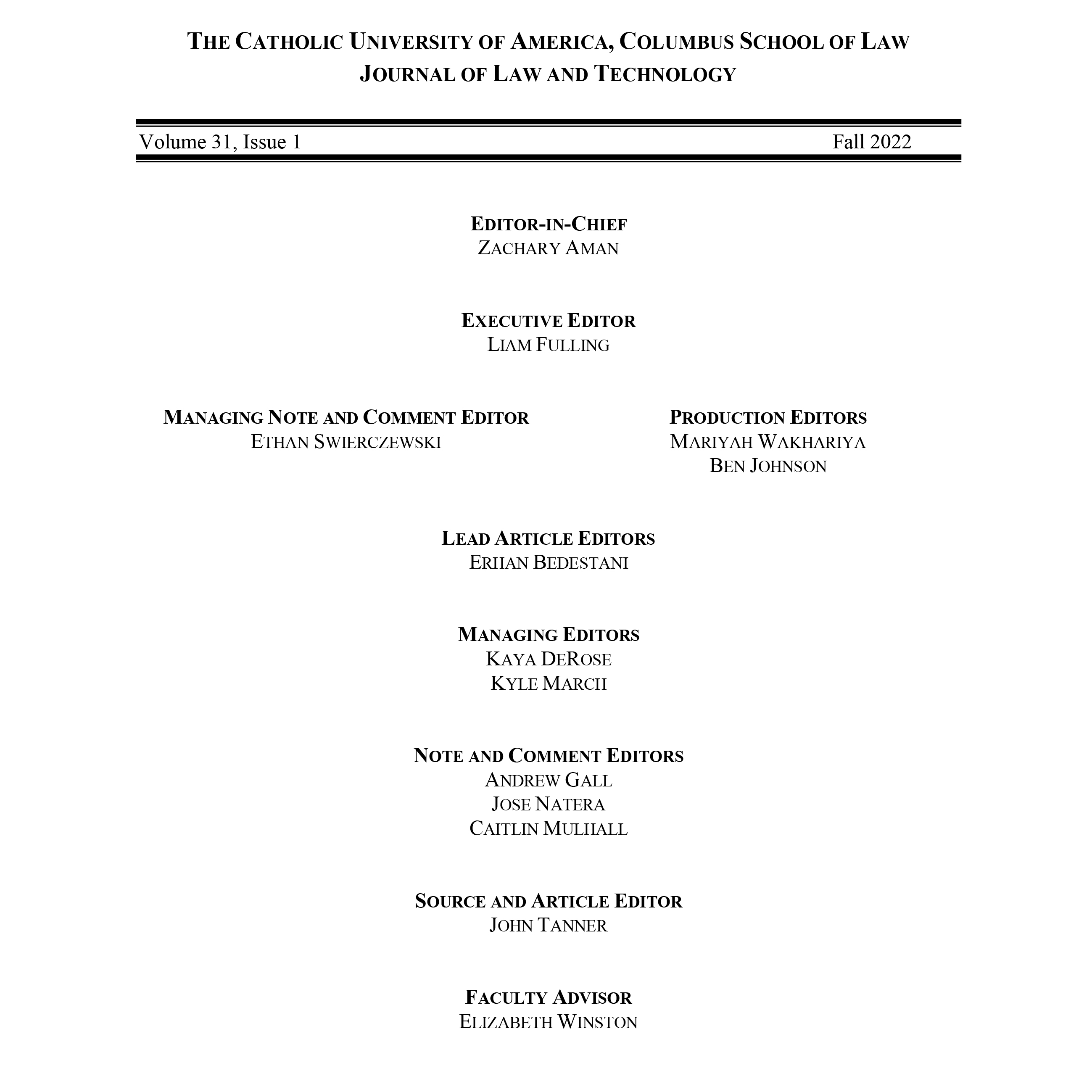 Journal of Law and Technology Volume 31 masthead