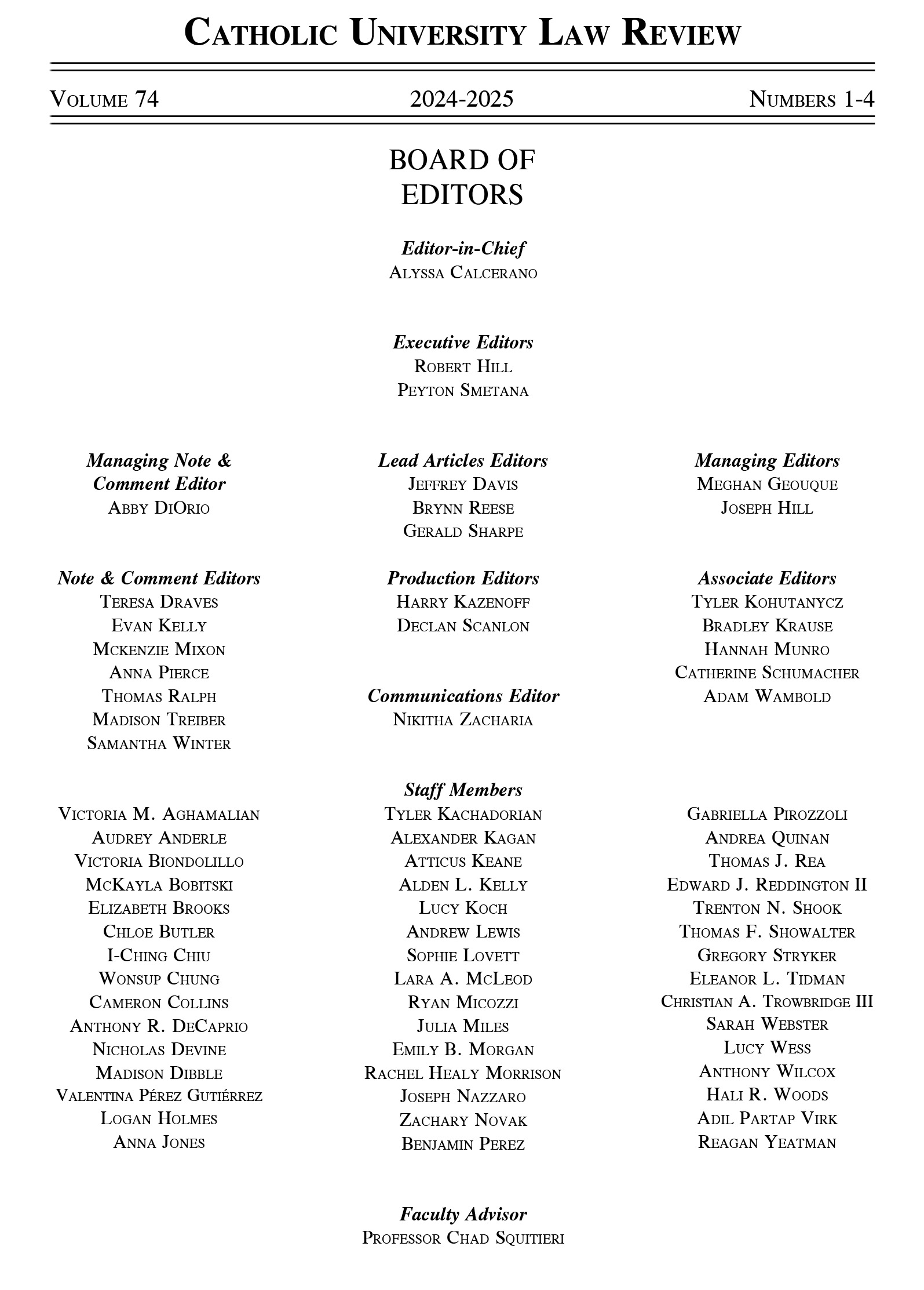 Law Review volume 74 masthead