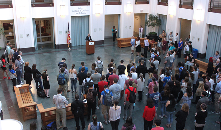 gathering in law school atrium