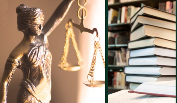 Lady Justice statue and books