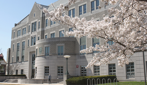 Law school building with cherry blossoms in foreground